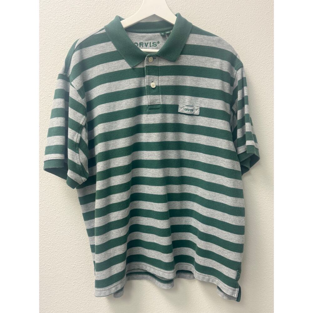 Orvis Men's Striped Short Sleeve Polo Green & Gray XL Cotton